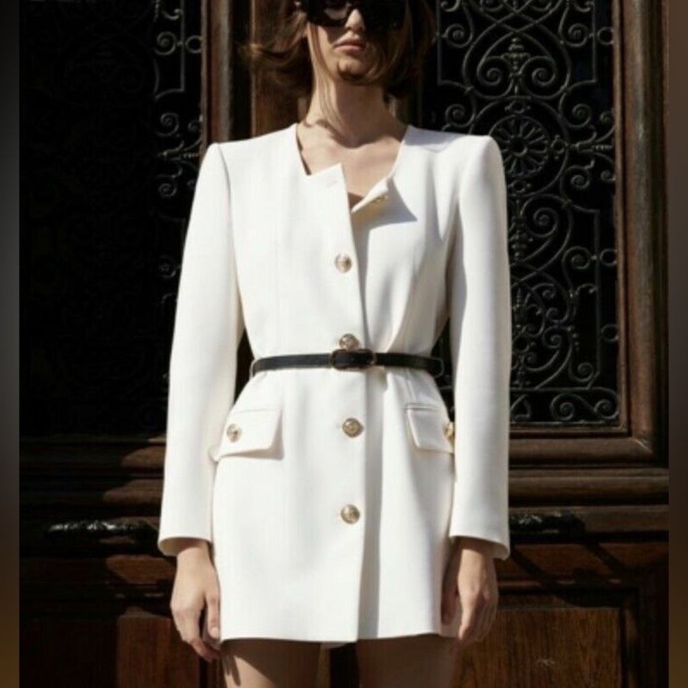 NWT. Zara White Long Belted Blazer. Size L